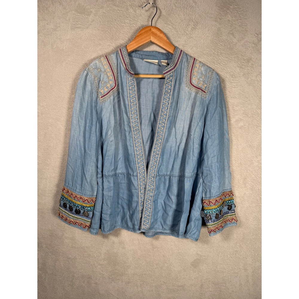 Chicos Petite 2P Large Embroidered Coin Trim Chambray Jacket Light Blue Boho